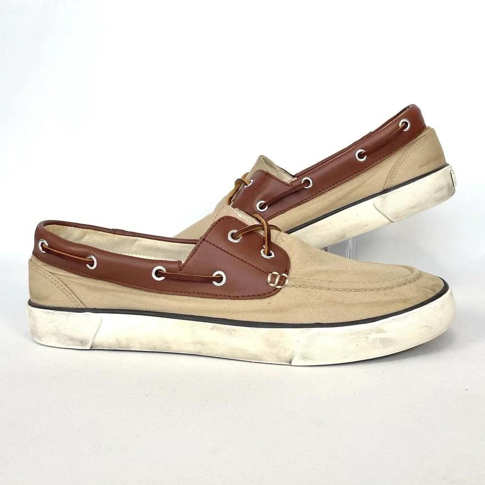 Polo Ralph Lauren Rylander Boat Shoes Beige Canvas Leather Mens 12D
